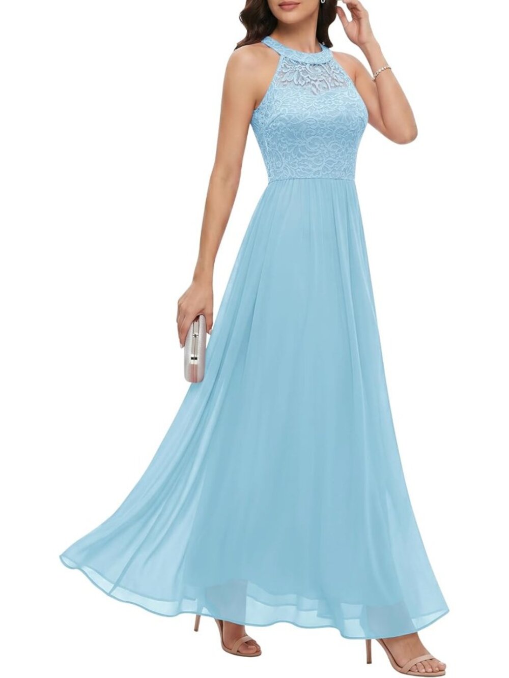 Light Blue Floral Lace Halter Long Formal Prom Bridesmaid Dress Sz XS-3X